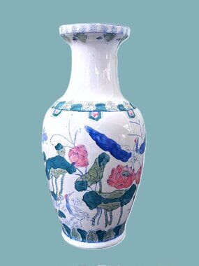 Vintage Chinoiserie Vase, 12" Pink Lotus, Bird & Chrysanthemum, Mid 20th Cent.